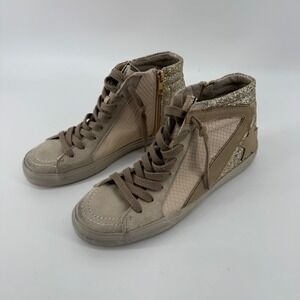 Shu Shop‎ Women's Size 8.5 High Top Sneakers Tan Suede Glitter Star Side Zip